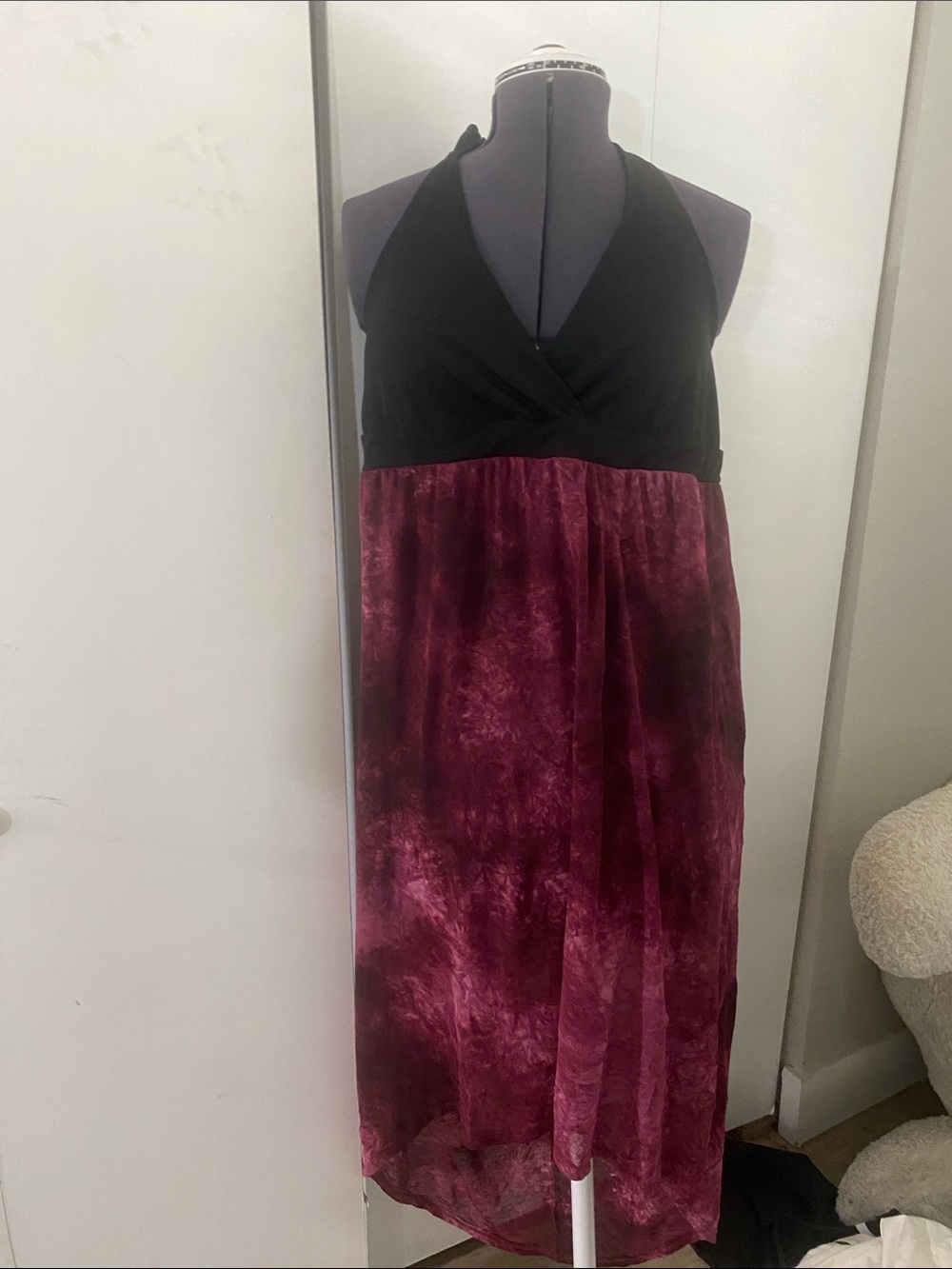 SWAK One-Shoulder Empire Dress in Black and Burgundy